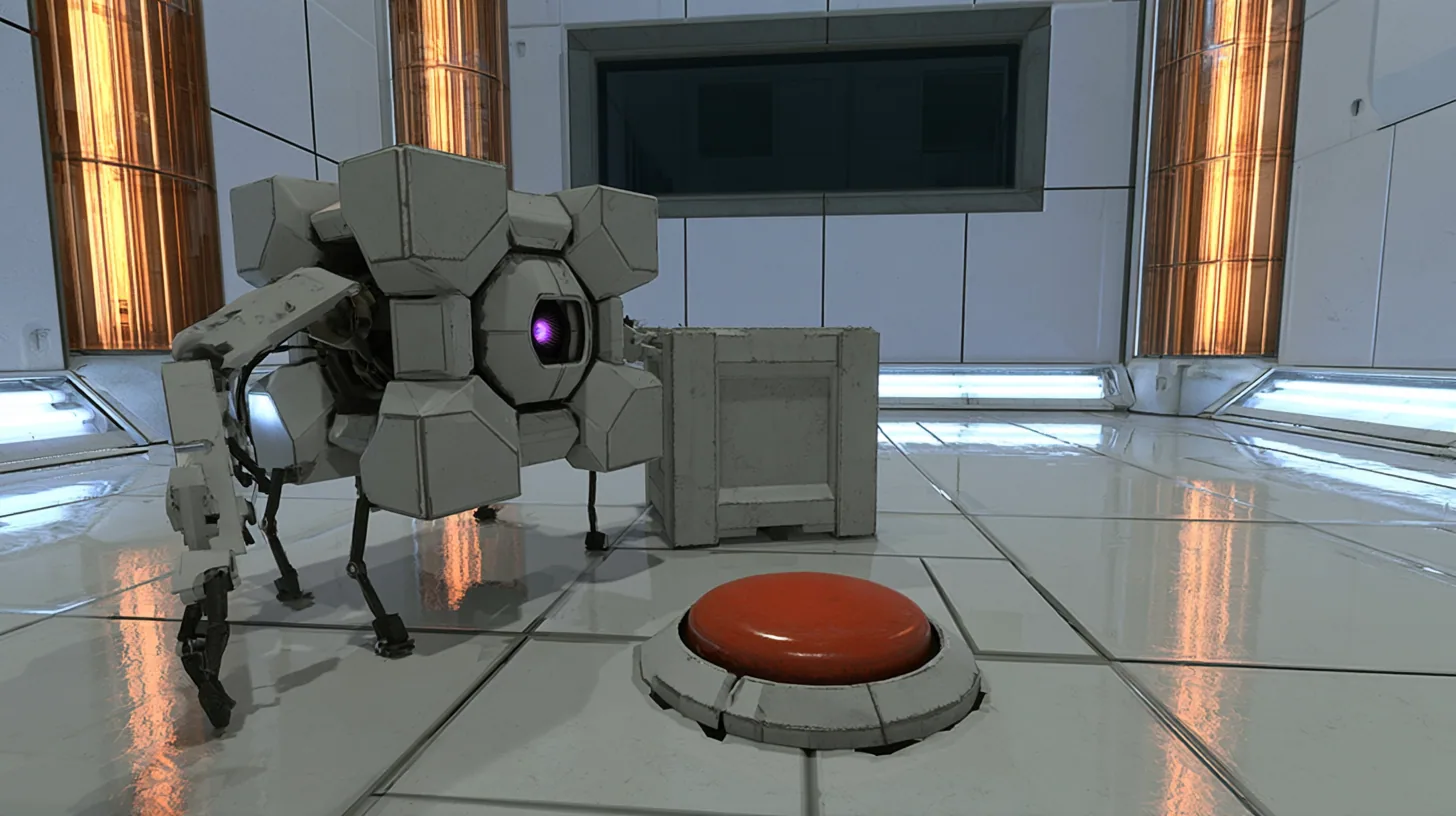 low cinematic shot at floor level in a white training chamber with tall amber light strips and a dark observation window: a light-grey storage cube robot on four short black legs with a glowing purple optic braces…