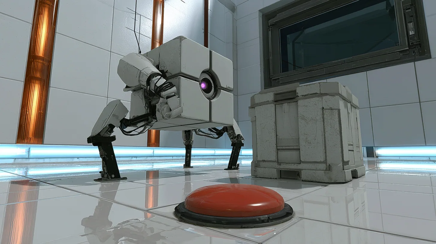 low cinematic shot at floor level in a white training chamber with tall amber light strips and a dark observation window: a light-grey storage cube robot on four short black legs with a glowing purple optic braces…