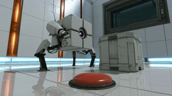 low cinematic shot at floor level in a white training chamber with tall amber light strips and a dark observation window: a light-grey storage cube robot on four short black legs with a glowing purple optic braces…