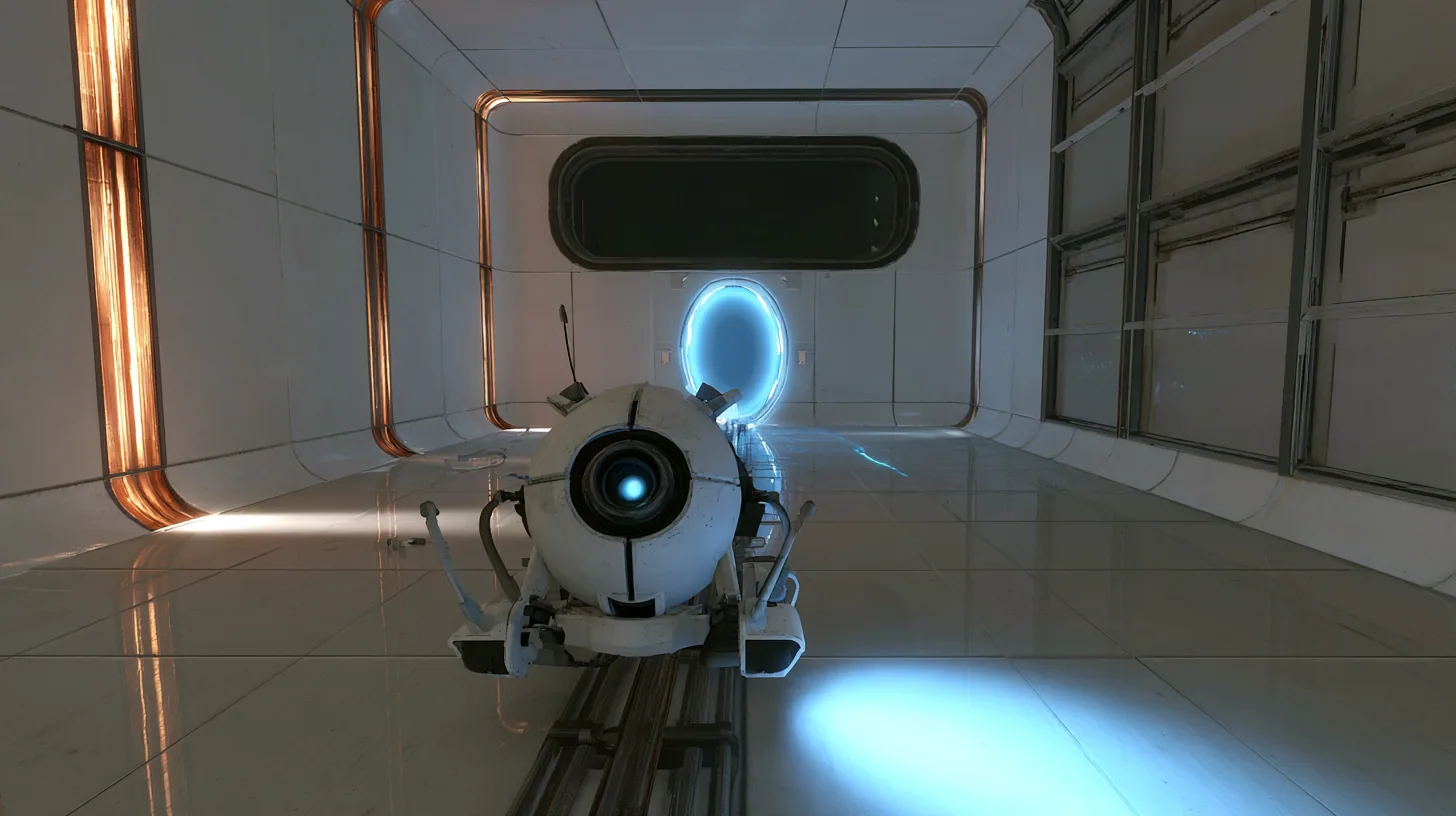 very low cinematic shot along a steel floor rail in a white training chamber with tall amber light strips and a dark observation window: a white personality core with grey handles on a little grey rail crawler races…