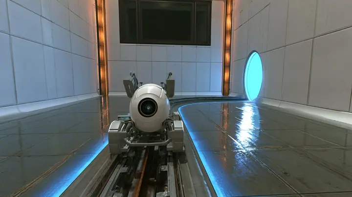 very low cinematic shot along a steel floor rail in a white training chamber with tall amber light strips and a dark observation window: a white personality core with grey handles on a little grey rail crawler races…