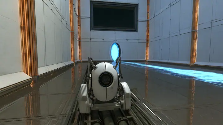 very low cinematic shot along a steel floor rail in a white training chamber with tall amber light strips and a dark observation window: a white personality core with grey handles on a little grey rail crawler races…