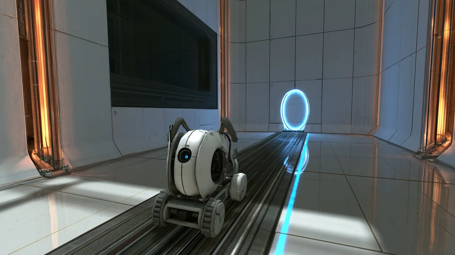 very low cinematic shot along a steel floor rail in a white training chamber with tall amber light strips and a dark observation window: a white personality core with grey handles on a little grey rail crawler races…