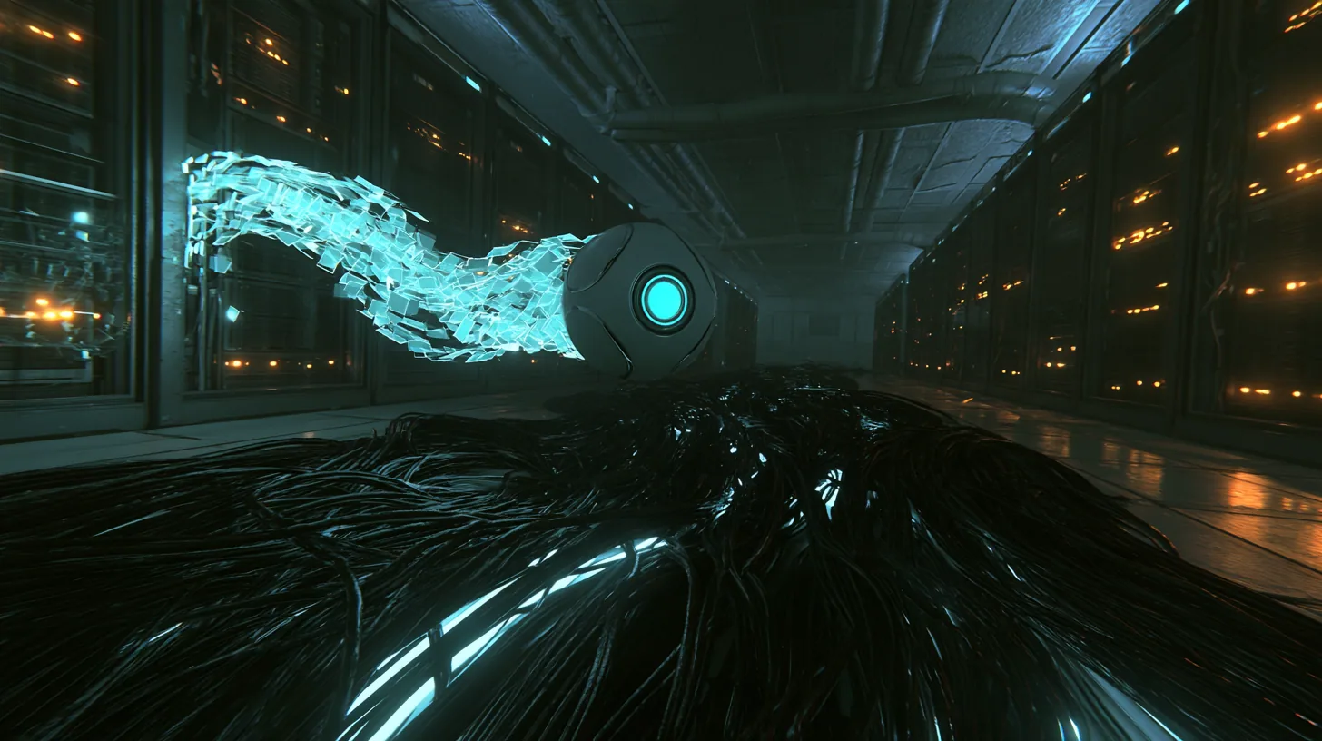low cinematic shot just above a thick bundle of black cables glowing along the aisle of a 1970s server hall: a tennis-ball-sized white robot core with a bright cyan optic hovers right in front of the lens, a stream…