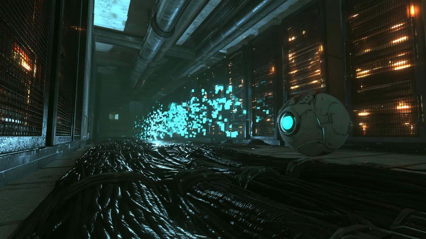 low cinematic shot just above a thick bundle of black cables glowing along the aisle of a 1970s server hall: a tennis-ball-sized white robot core with a bright cyan optic hovers right in front of the lens, a stream…