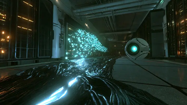 low cinematic shot just above a thick bundle of black cables glowing along the aisle of a 1970s server hall: a tennis-ball-sized white robot core with a bright cyan optic hovers right in front of the lens, a stream…