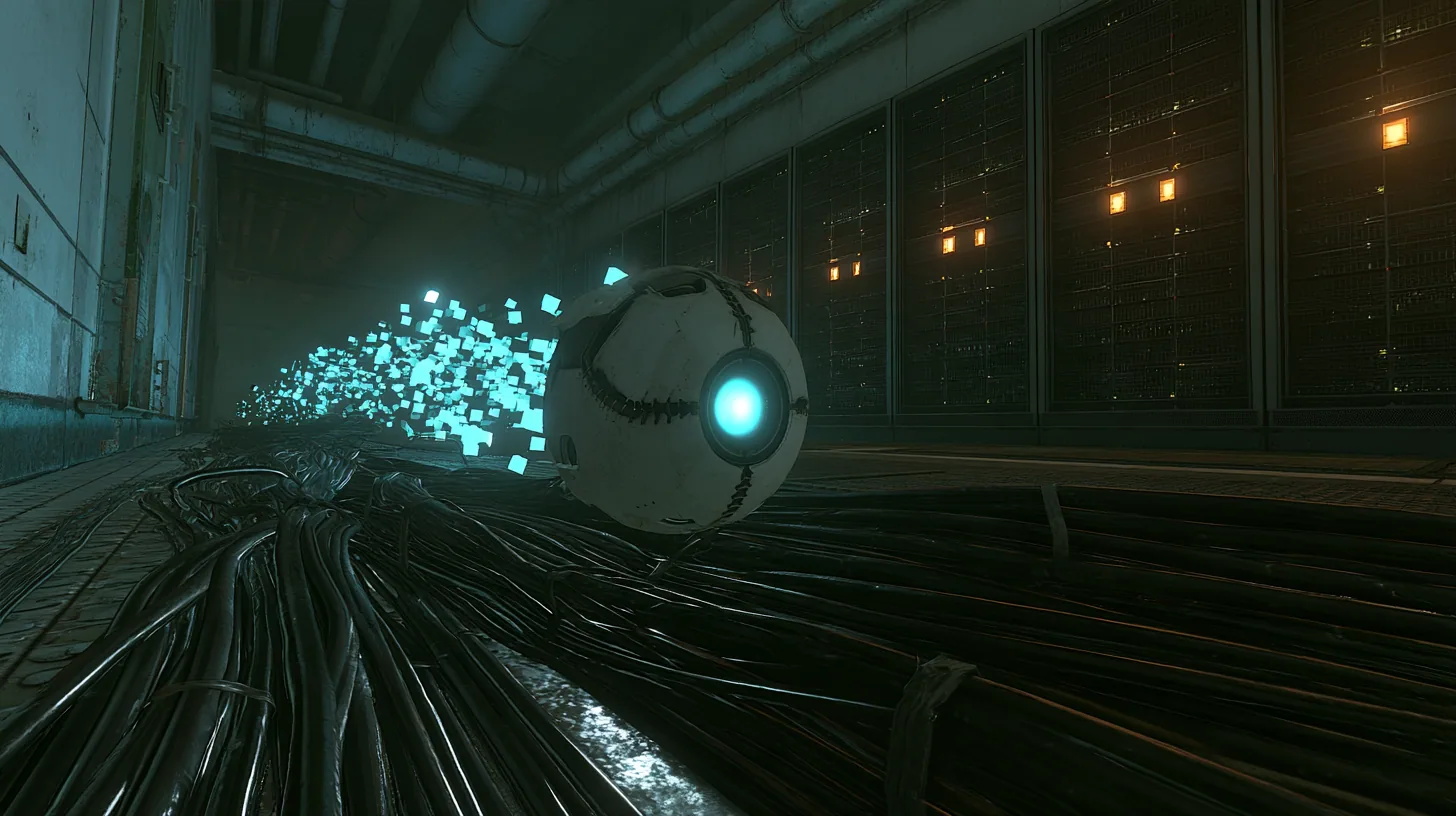low cinematic shot just above a thick bundle of black cables glowing along the aisle of a 1970s server hall: a tennis-ball-sized white robot core with a bright cyan optic hovers right in front of the lens, a stream…