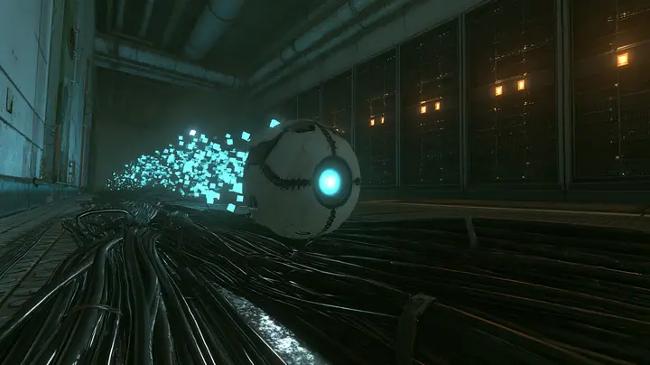 low cinematic shot just above a thick bundle of black cables glowing along the aisle of a 1970s server hall: a tennis-ball-sized white robot core with a bright cyan optic hovers right in front of the lens, a stream…