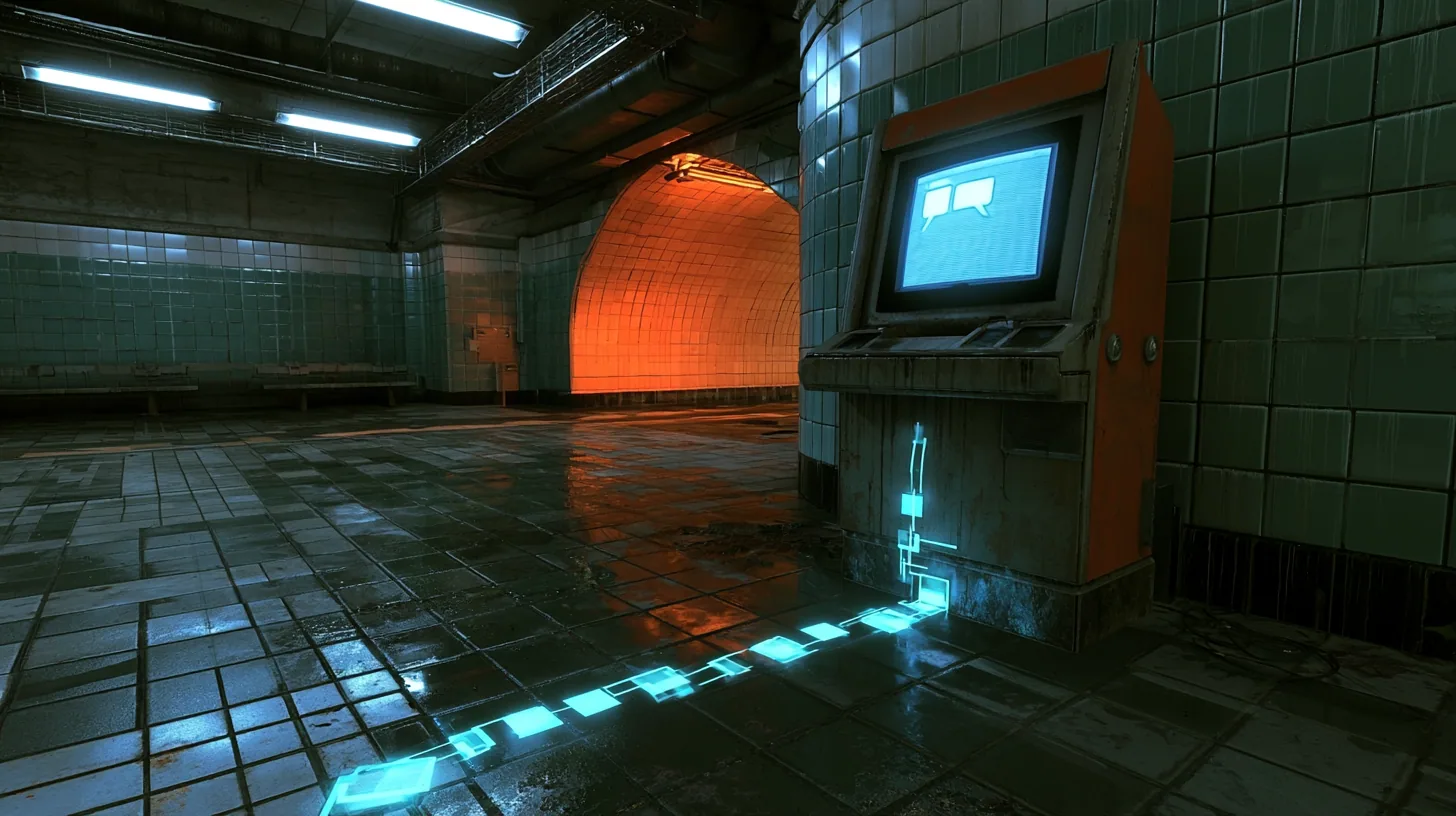 cinematic low shot in an empty night station concourse of green-white tiles: an old public CRT kiosk glows with a blank blue chat window and two empty speech bubbles while a trail of glowing cyan square light packets…