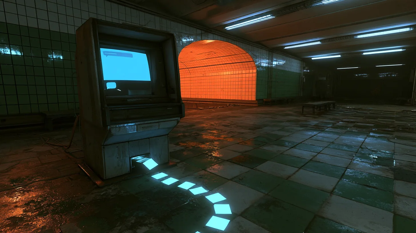 cinematic low shot in an empty night station concourse of green-white tiles: an old public CRT kiosk glows with a blank blue chat window and two empty speech bubbles while a trail of glowing cyan square light packets…