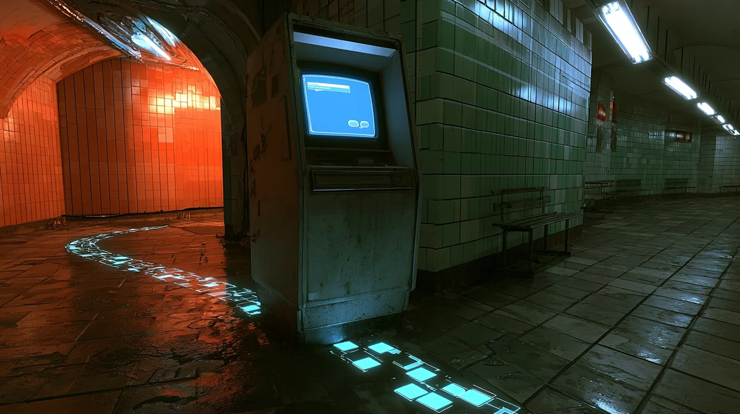 cinematic low shot in an empty night station concourse of green-white tiles: an old public CRT kiosk glows with a blank blue chat window and two empty speech bubbles while a trail of glowing cyan square light packets…