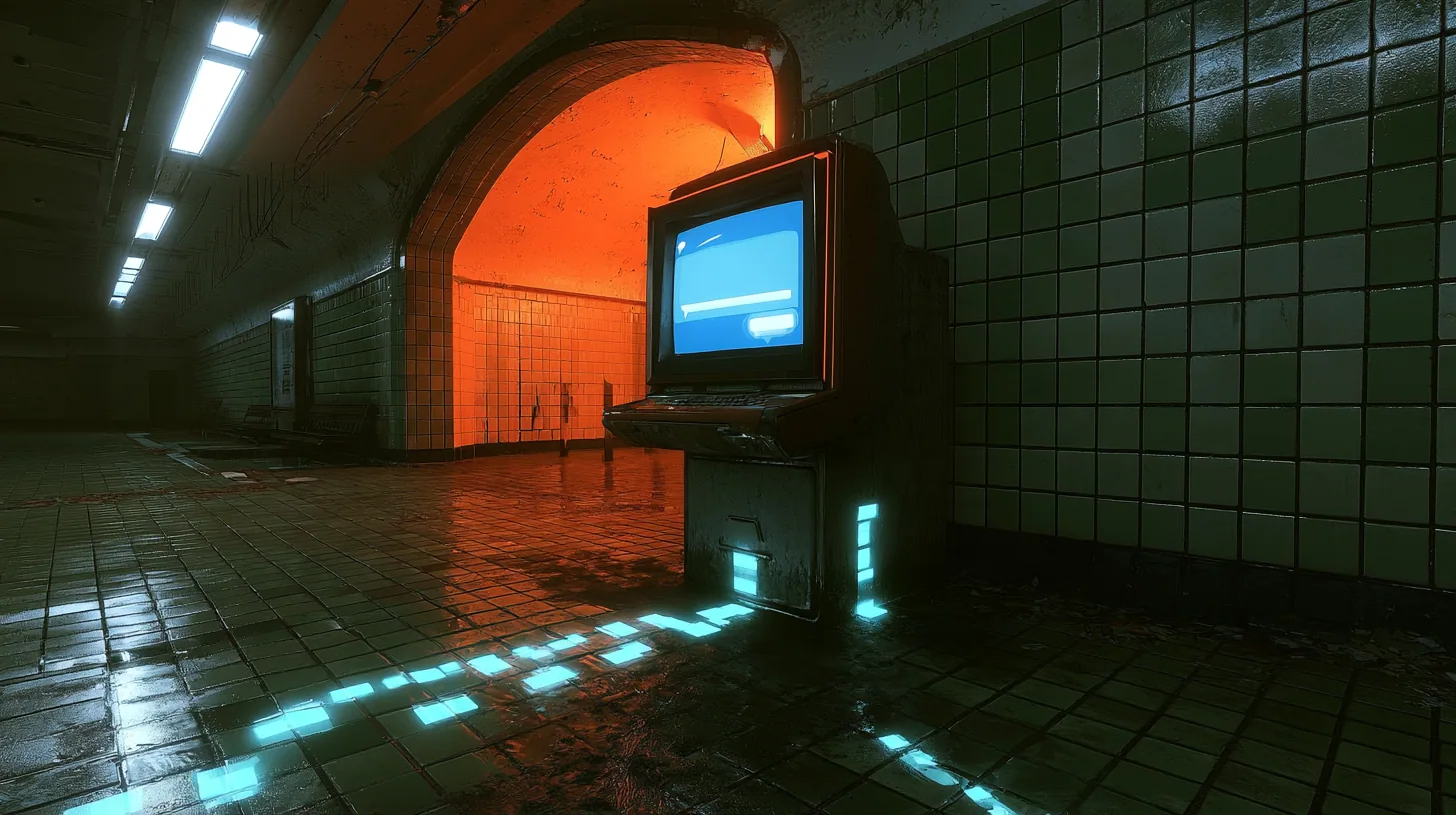 cinematic low shot in an empty night station concourse of green-white tiles: an old public CRT kiosk glows with a blank blue chat window and two empty speech bubbles while a trail of glowing cyan square light packets…