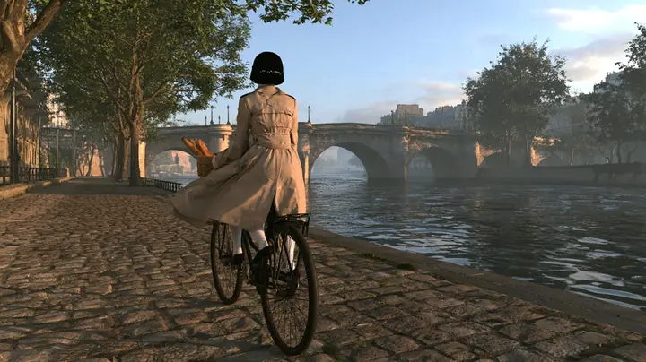 cinematic shot from behind at hip height: a porcelain humanoid android in a beige trench coat rides an old black city bicycle away along a cobbled Paris quay at sunrise, coat flapping, a baguette in the front basket,…