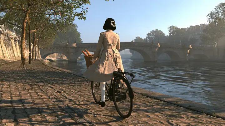 cinematic shot from behind at hip height: a porcelain humanoid android in a beige trench coat rides an old black city bicycle away along a cobbled Paris quay at sunrise, coat flapping, a baguette in the front basket,…