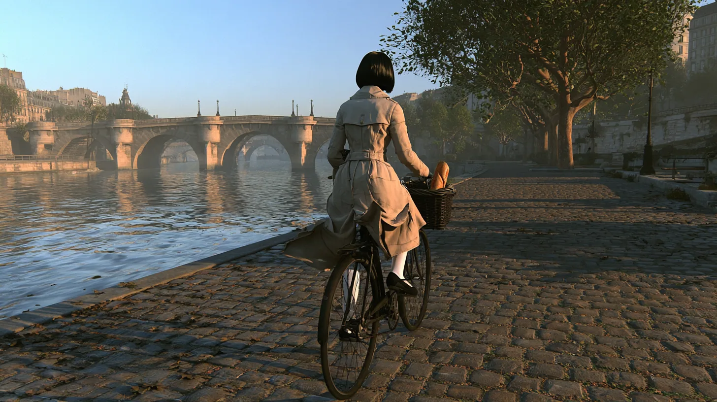 cinematic shot from behind at hip height: a porcelain humanoid android in a beige trench coat rides an old black city bicycle away along a cobbled Paris quay at sunrise, coat flapping, a baguette in the front basket,…