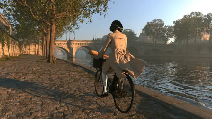 cinematic shot from behind at hip height: a porcelain humanoid android in a beige trench coat rides an old black city bicycle away along a cobbled Paris quay at sunrise, coat flapping, a baguette in the front basket,…