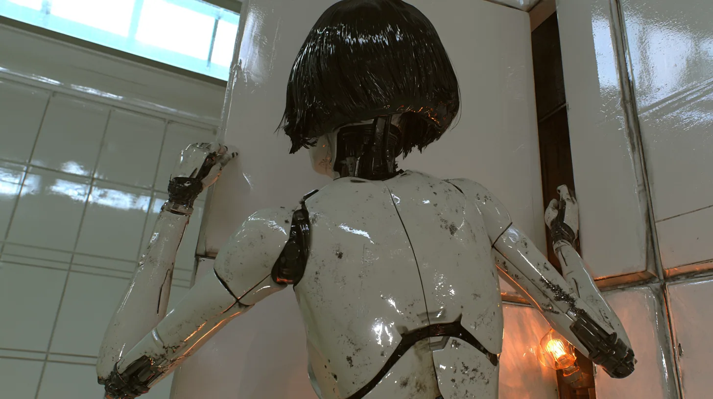 cinematic over-the-shoulder shot from behind: a scuffed porcelain humanoid android of glossy white plating with black joints, the back of her glossy black blunt bob to the camera, pries open a loose white wall panel…