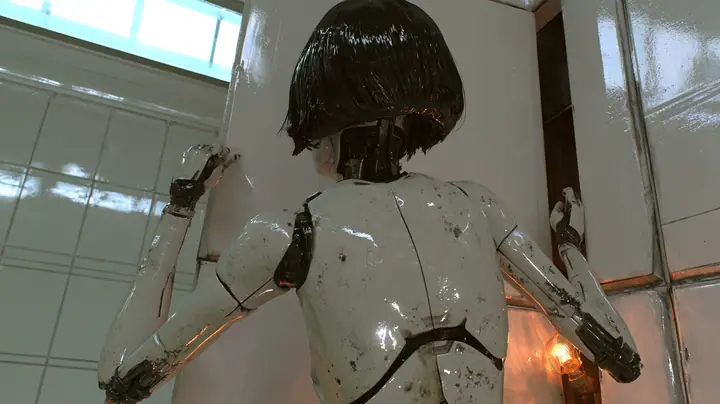 cinematic over-the-shoulder shot from behind: a scuffed porcelain humanoid android of glossy white plating with black joints, the back of her glossy black blunt bob to the camera, pries open a loose white wall panel…