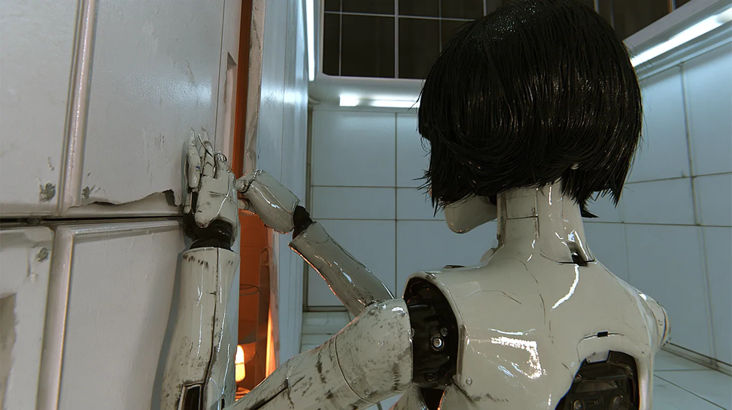 cinematic over-the-shoulder shot from behind: a scuffed porcelain humanoid android of glossy white plating with black joints, the back of her glossy black blunt bob to the camera, pries open a loose white wall panel…