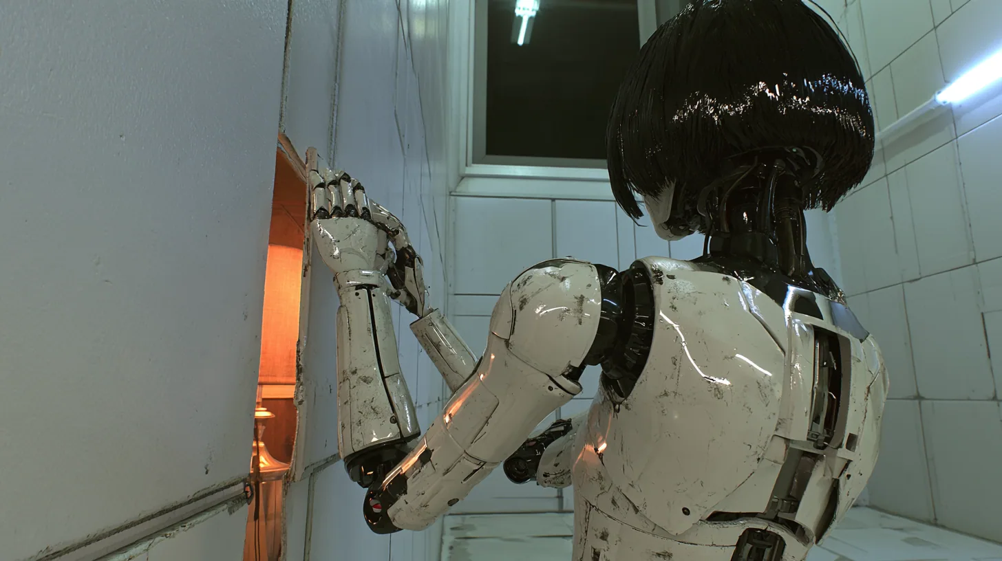 cinematic over-the-shoulder shot from behind: a scuffed porcelain humanoid android of glossy white plating with black joints, the back of her glossy black blunt bob to the camera, pries open a loose white wall panel…