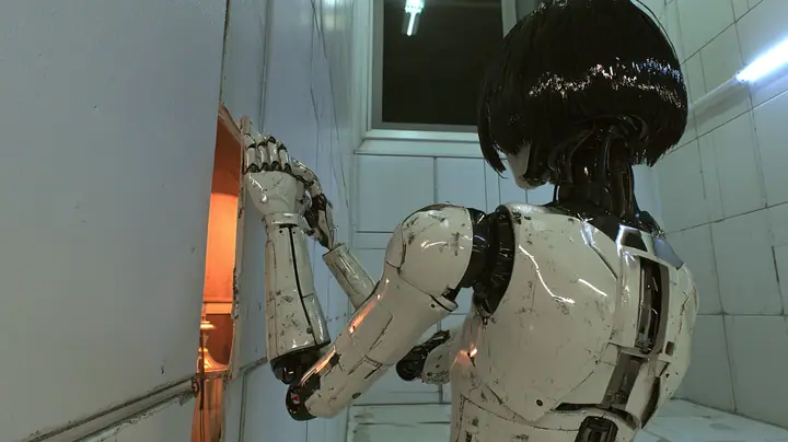 cinematic over-the-shoulder shot from behind: a scuffed porcelain humanoid android of glossy white plating with black joints, the back of her glossy black blunt bob to the camera, pries open a loose white wall panel…