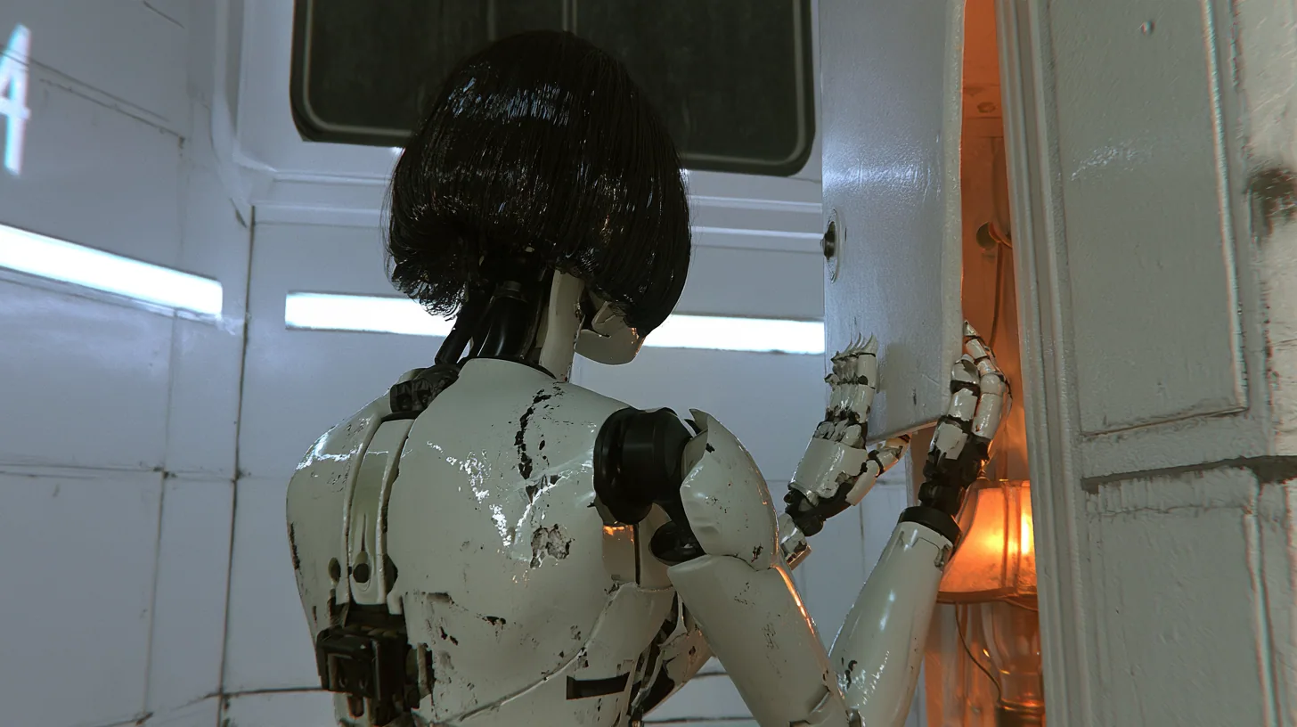 cinematic over-the-shoulder shot from behind: a scuffed porcelain humanoid android of glossy white plating with black joints, the back of her glossy black blunt bob to the camera, pries open a loose white wall panel…