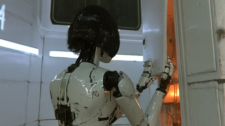 cinematic over-the-shoulder shot from behind: a scuffed porcelain humanoid android of glossy white plating with black joints, the back of her glossy black blunt bob to the camera, pries open a loose white wall panel…