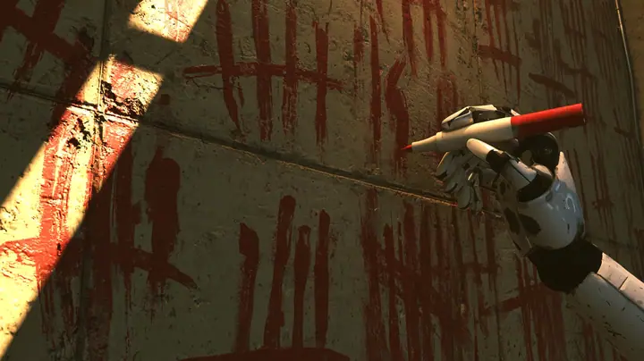 cinematic close-up of a grimy concrete den wall smeared with rough red hand-painted scrawl and tally marks in warm lamplight; a porcelain-white android hand with black finger joints enters from the right holding an…