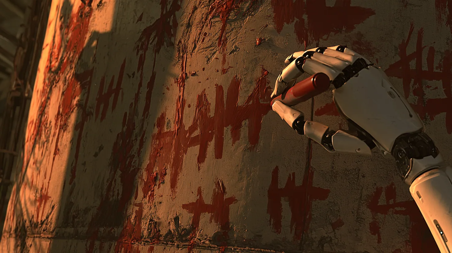 cinematic close-up of a grimy concrete den wall smeared with rough red hand-painted scrawl and tally marks in warm lamplight; a porcelain-white android hand with black finger joints enters from the right holding an…
