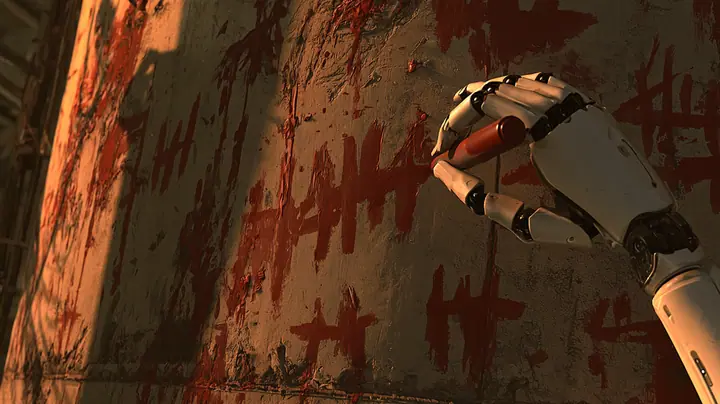 cinematic close-up of a grimy concrete den wall smeared with rough red hand-painted scrawl and tally marks in warm lamplight; a porcelain-white android hand with black finger joints enters from the right holding an…