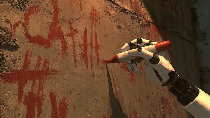 cinematic close-up of a grimy concrete den wall smeared with rough red hand-painted scrawl and tally marks in warm lamplight; a porcelain-white android hand with black finger joints enters from the right holding an…
