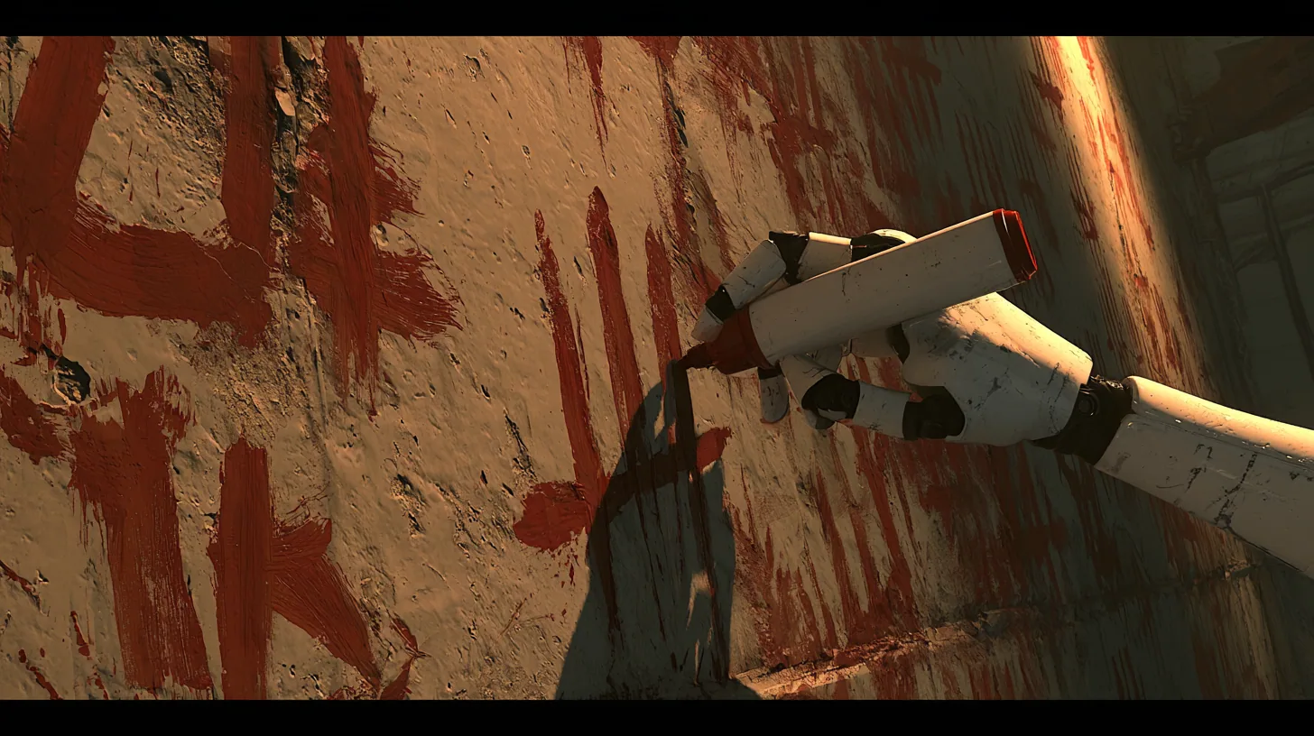 cinematic close-up of a grimy concrete den wall smeared with rough red hand-painted scrawl and tally marks in warm lamplight; a porcelain-white android hand with black finger joints enters from the right holding an…