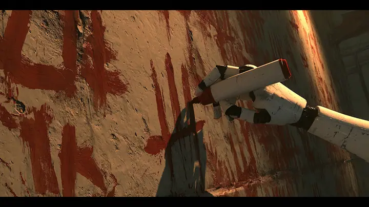cinematic close-up of a grimy concrete den wall smeared with rough red hand-painted scrawl and tally marks in warm lamplight; a porcelain-white android hand with black finger joints enters from the right holding an…