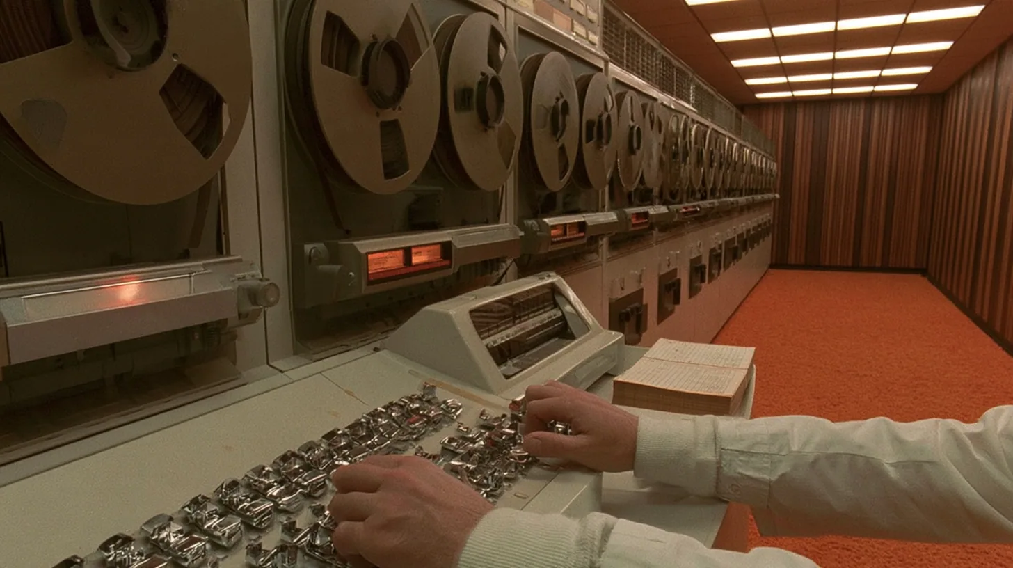 cinematic console-height shot along a row of 1960s reel-to-reel tape drives receding into a wood-panelled computer room with orange carpet: in the foreground a scientist's hands in white lab-coat cuffs on a row of…