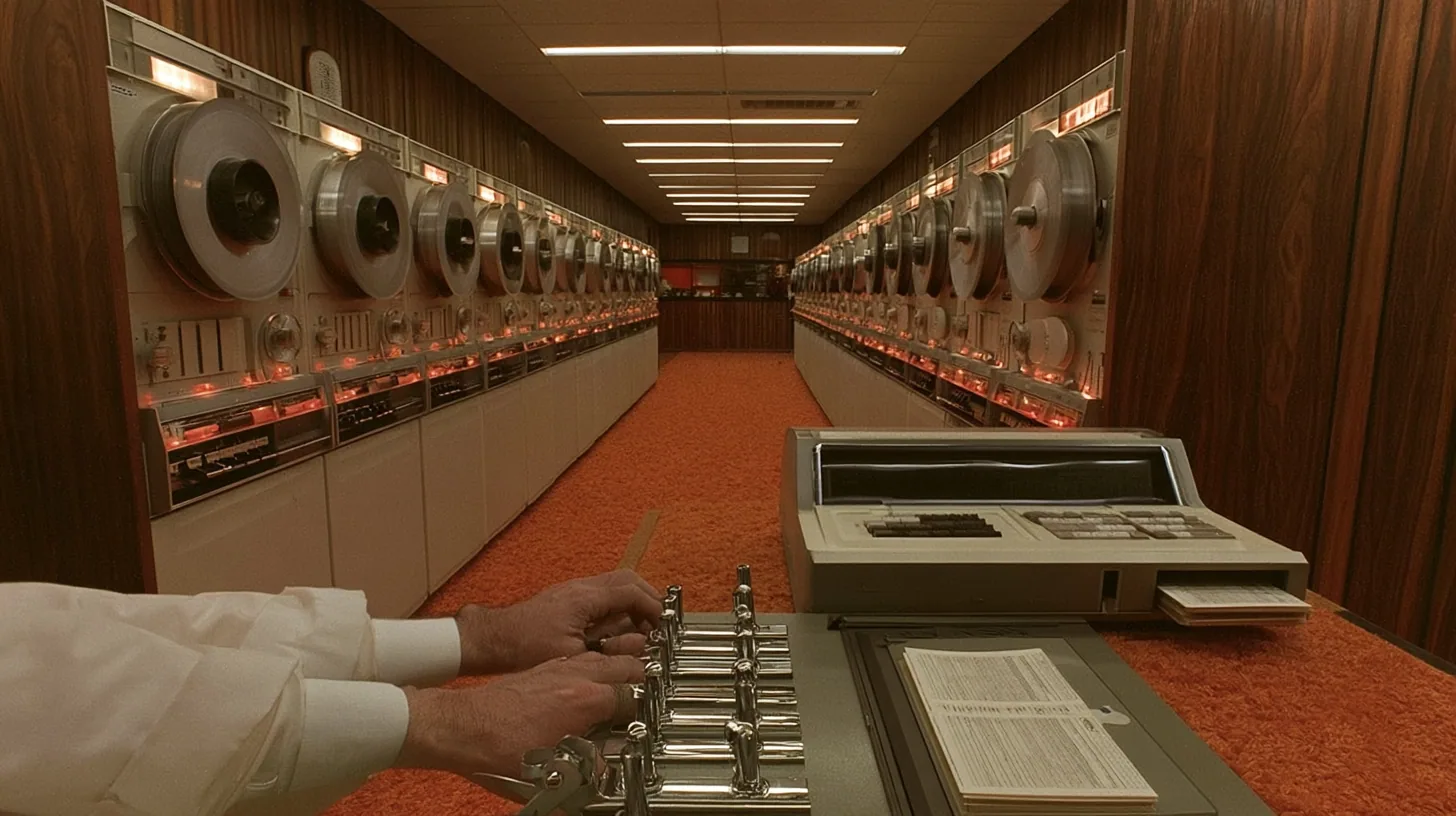 cinematic console-height shot along a row of 1960s reel-to-reel tape drives receding into a wood-panelled computer room with orange carpet: in the foreground a scientist's hands in white lab-coat cuffs on a row of…