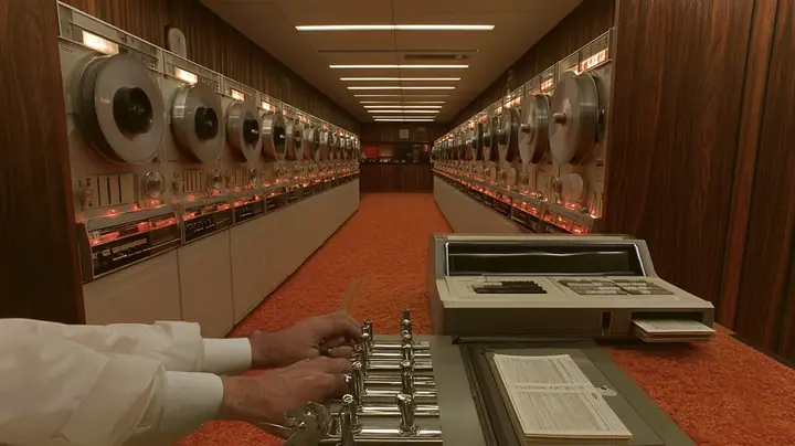 cinematic console-height shot along a row of 1960s reel-to-reel tape drives receding into a wood-panelled computer room with orange carpet: in the foreground a scientist's hands in white lab-coat cuffs on a row of…
