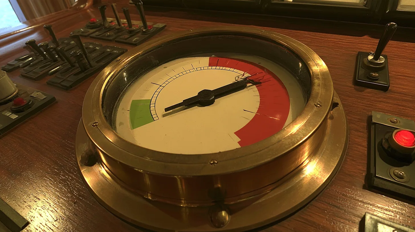 cinematic close-up of a big brass gauge on a polished wooden 1960s console: a cream dial with a green zone at the left and a red zone at the upper right, plain tick marks, the black needle trembling deep in the red,…