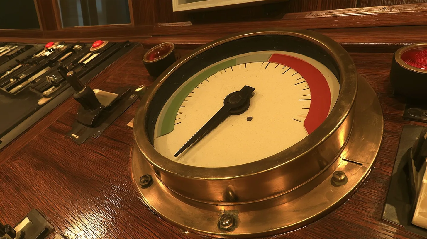 cinematic close-up of a big brass gauge on a polished wooden 1960s console: a cream dial with a green zone at the left and a red zone at the upper right, plain tick marks, the black needle trembling deep in the red,…