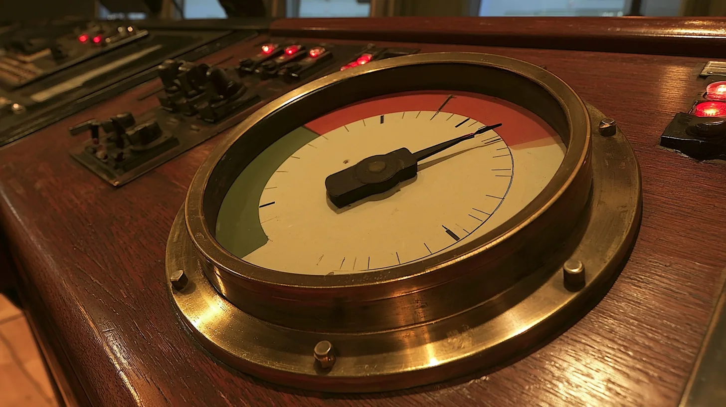 cinematic close-up of a big brass gauge on a polished wooden 1960s console: a cream dial with a green zone at the left and a red zone at the upper right, plain tick marks, the black needle trembling deep in the red,…