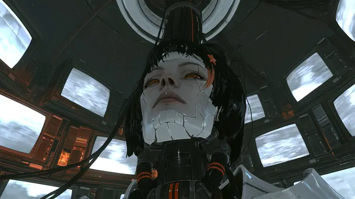 Low-angle cinematic film still in GLaDOS's dark dome chamber from Portal 2: a large porcelain android head hangs low on a black robotic neck and cable bundle with orange stripes from a white ceiling ring, a…