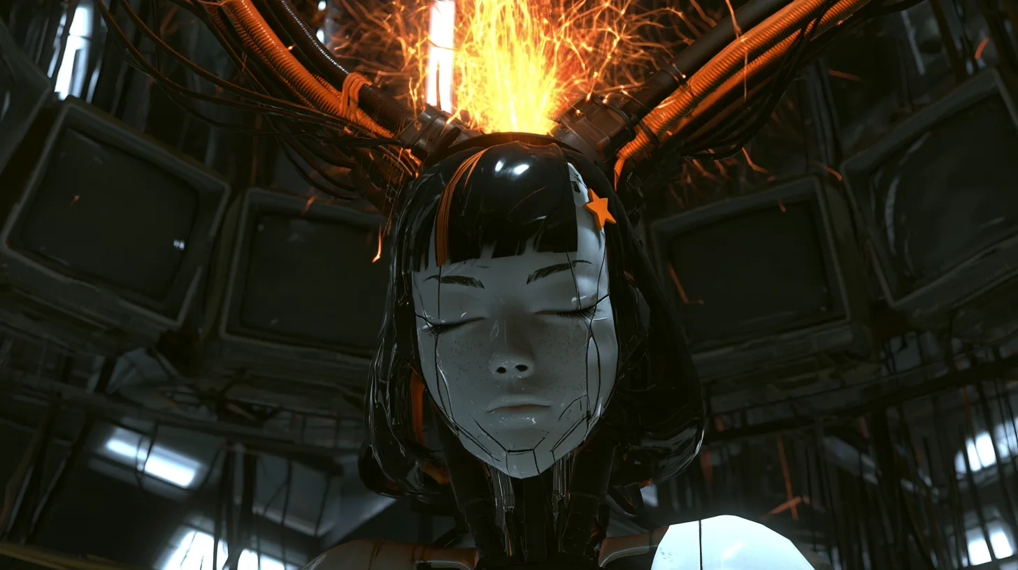 Medium close cinematic film still in a pitch-dark Portal 2 AI chamber, slightly low angle: a large porcelain android head with eyes closed hangs from a black robotic neck and orange-striped cable bundle, a…