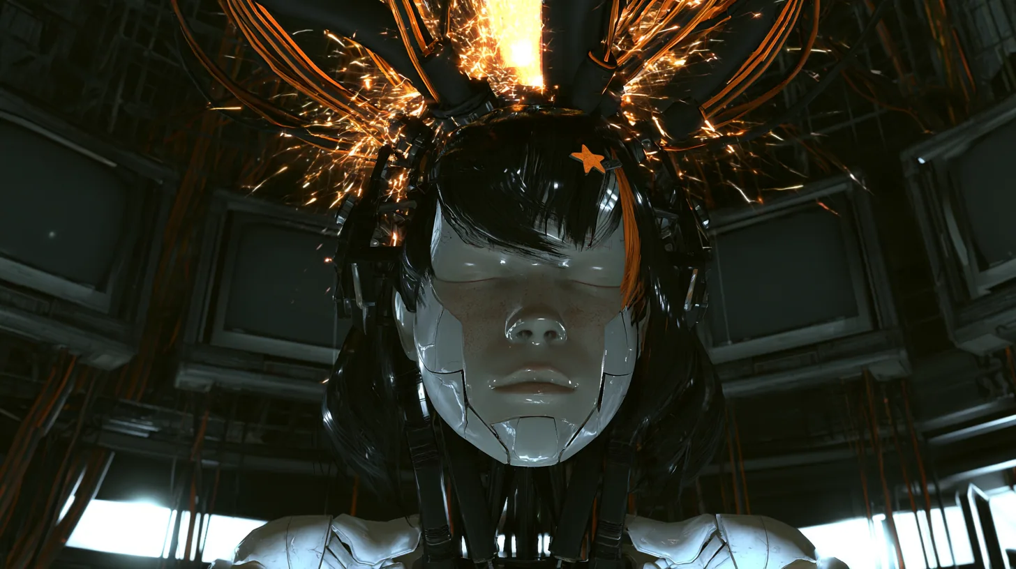 Medium close cinematic film still in a pitch-dark Portal 2 AI chamber, slightly low angle: a large porcelain android head with eyes closed hangs from a black robotic neck and orange-striped cable bundle, a…