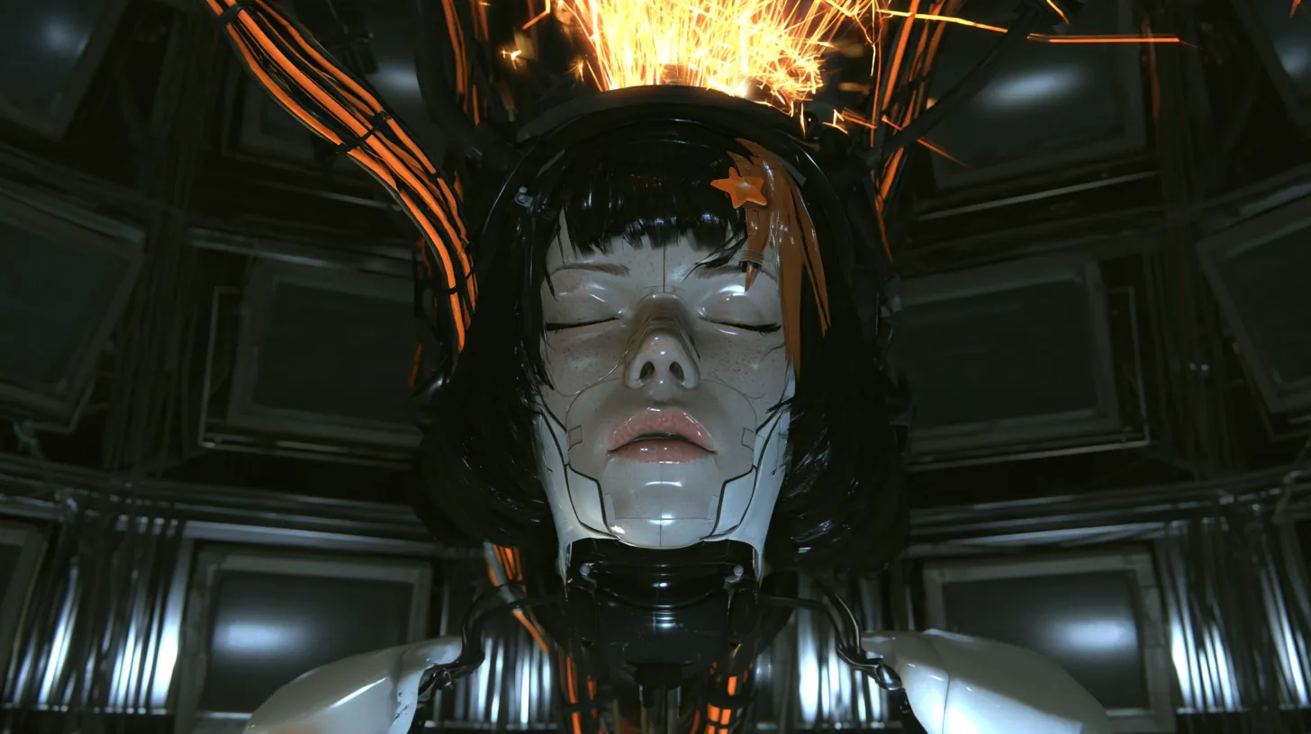 Medium close cinematic film still in a pitch-dark Portal 2 AI chamber, slightly low angle: a large porcelain android head with eyes closed hangs from a black robotic neck and orange-striped cable bundle, a…