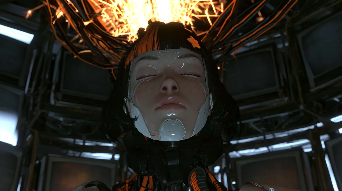 Medium close cinematic film still in a pitch-dark Portal 2 AI chamber, slightly low angle: a large porcelain android head with eyes closed hangs from a black robotic neck and orange-striped cable bundle, a…