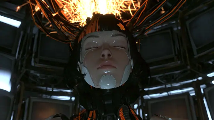 Medium close cinematic film still in a pitch-dark Portal 2 AI chamber, slightly low angle: a large porcelain android head with eyes closed hangs from a black robotic neck and orange-striped cable bundle, a…