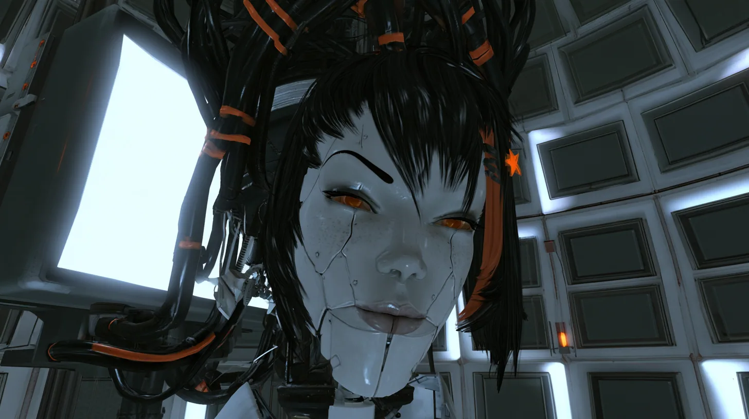 Medium close cinematic film still in GLaDOS's lit dome chamber from Portal 2, slight low angle: a large porcelain android head hangs on a black robotic cable bundle with orange stripes, a porcelain-white female face…