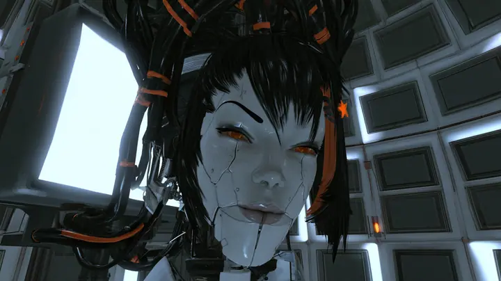 Medium close cinematic film still in GLaDOS's lit dome chamber from Portal 2, slight low angle: a large porcelain android head hangs on a black robotic cable bundle with orange stripes, a porcelain-white female face…