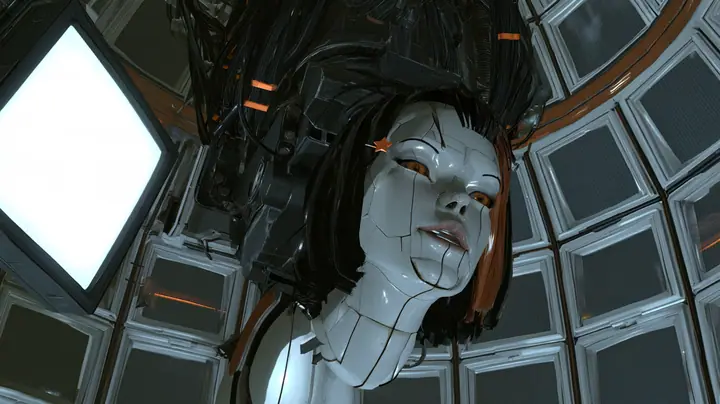 Medium close cinematic film still in GLaDOS's lit dome chamber from Portal 2, slight low angle: a large porcelain android head hangs on a black robotic cable bundle with orange stripes, a porcelain-white female face…