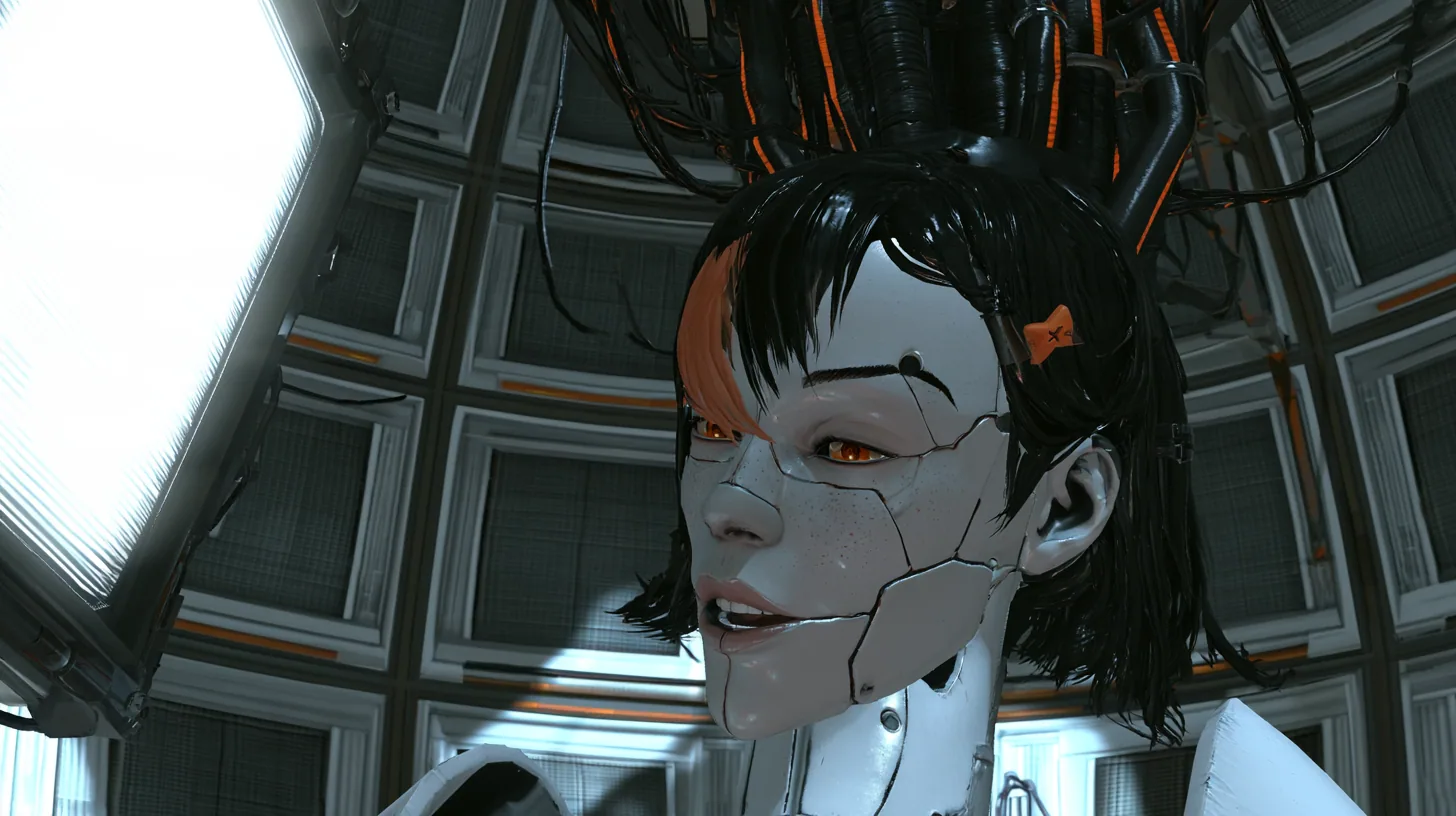 Medium close cinematic film still in GLaDOS's lit dome chamber from Portal 2, slight low angle: a large porcelain android head hangs on a black robotic cable bundle with orange stripes, a porcelain-white female face…