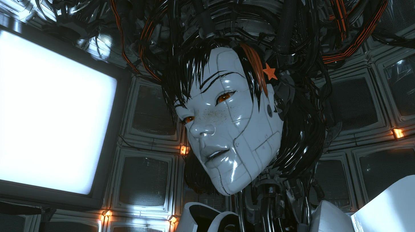 Medium close cinematic film still in GLaDOS's lit dome chamber from Portal 2, slight low angle: a large porcelain android head hangs on a black robotic cable bundle with orange stripes, a porcelain-white female face…